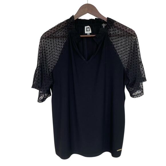 Anne Klein Black Sheer Swiss Dot Sleeve Blouse - Large - Picture 1 of 5